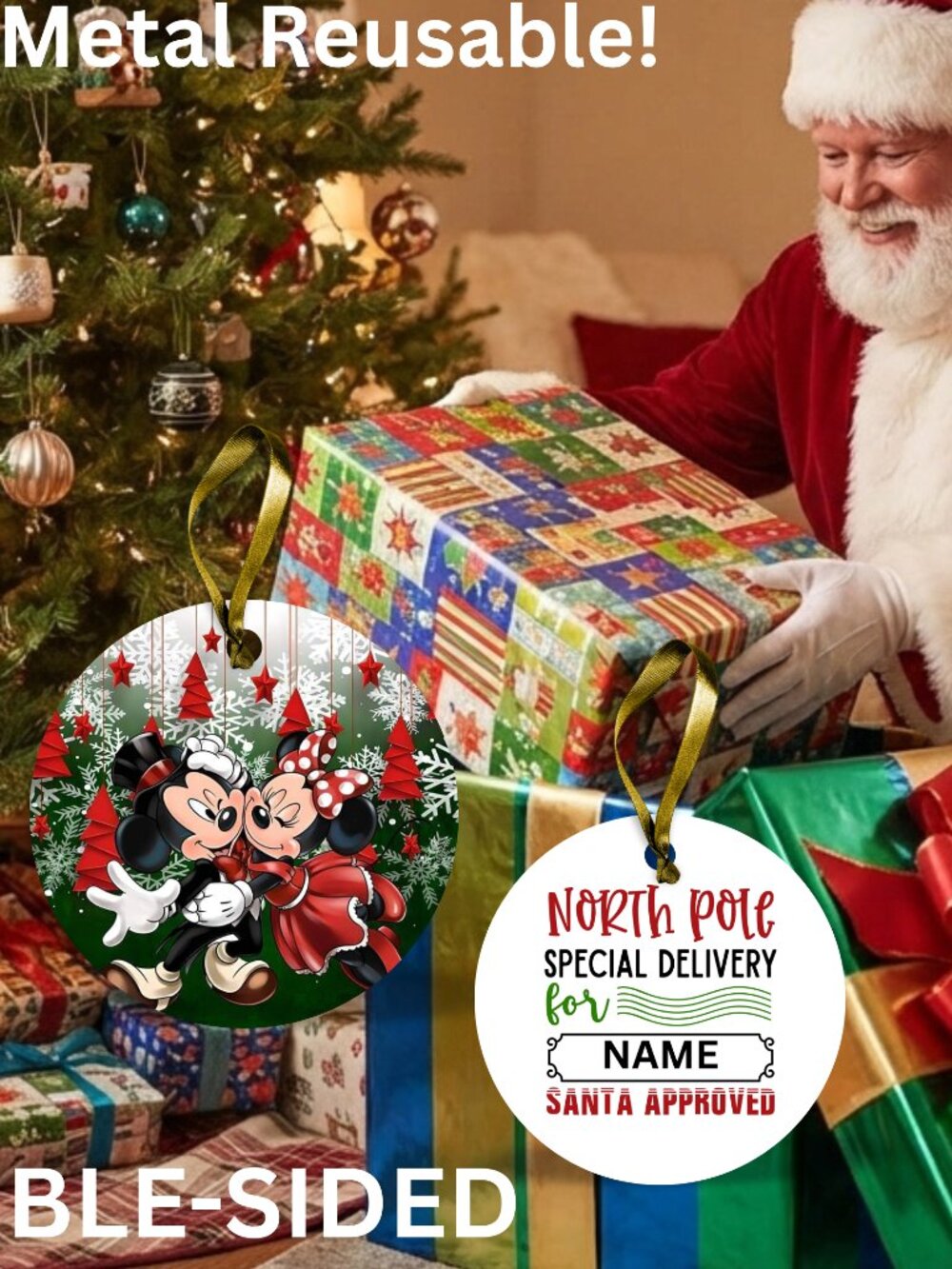 Santa Reusable Metal Christmas Tag Personalized. Mickey & Minnie